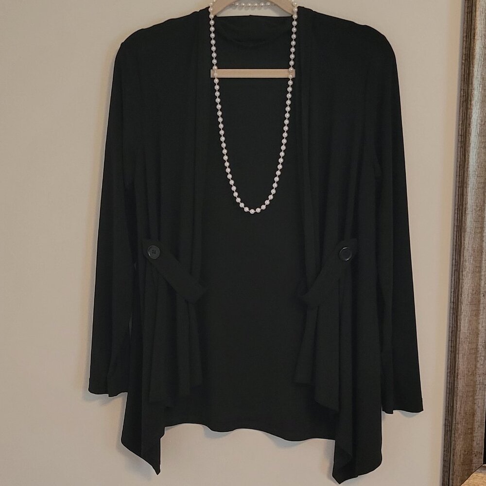 Dressy asymmetrical open front black silky cocktail shark bite cardigan. Sz: M